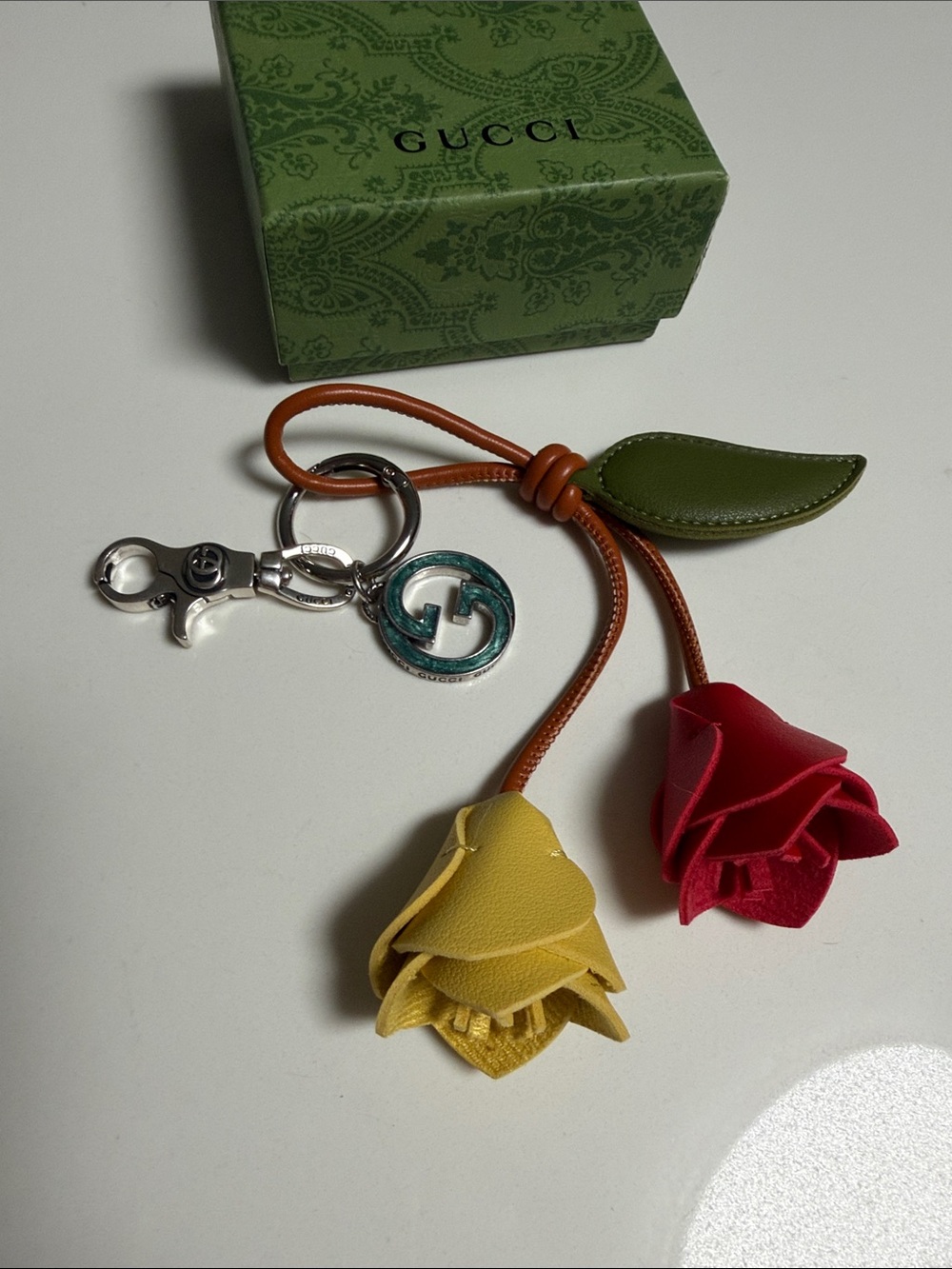 Gucci Red & Yellow Leather Rose Keyring with Green Leaf